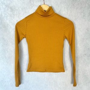 Mustard yellow gold turtle neck ribbed long sleeve top